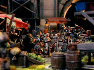 Guild Ball immersive shot of the Farmer guild on a marketplace